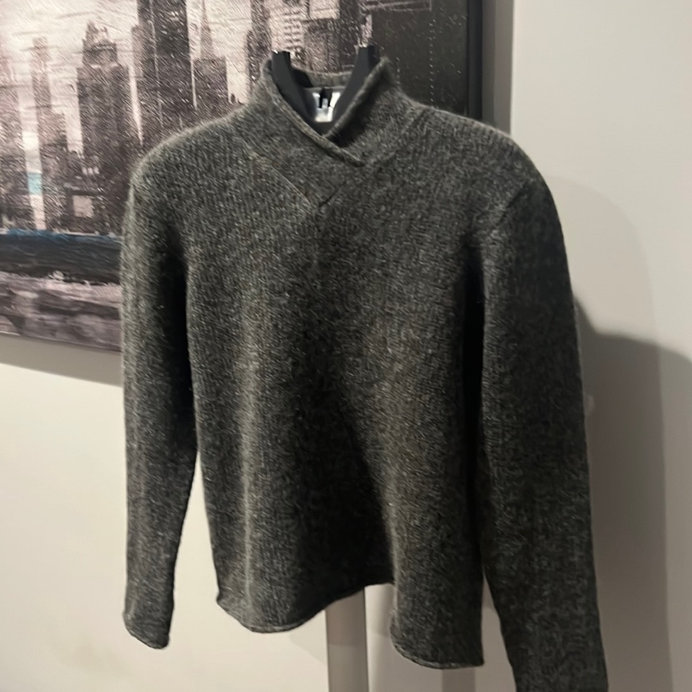 Eileen Fisher wool and mohair sweater with draped collar and raw sleeve and hem